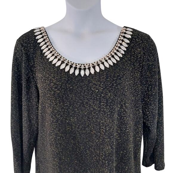 NWOT! LA VANYA! FAB BLACK AND SILVER METALLIC STRETCH KNIT, JEWELED TUNIC! SZ 2X - Picture 3 of 9